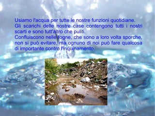 Usiamo l'acqua per tutte le nostre funzioni quotidiane.
Gli scarichi delle nostre case contengono tutti i nostri
scarti e sono tutt'altro che puliti.
Confluiscono nelle fogne, che sono a loro volta sporche,
non si può evitare, ma ognuno di noi può fare qualcosa
di importante contro l'inquinamento.
 