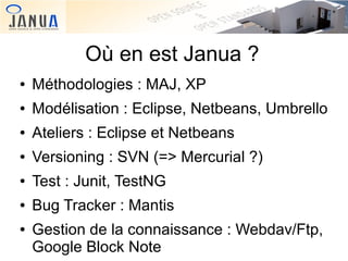 Où en est Janua ?
●

Méthodologies : MAJ, XP

●

Modélisation : Eclipse, Netbeans, Umbrello

●

Ateliers : Eclipse et Netbeans

●

Versioning : SVN (=> Mercurial ?)

●

Test : Junit, TestNG

●

Bug Tracker : Mantis

●

Gestion de la connaissance : Webdav/Ftp,
Google Block Note

 