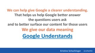 @schachin
Kristine Schachinger
We can help give Google a clearer understanding.
That helps us help Google better answer
the questions users ask
and to better surface our content for those users
We give our data meaning
Google Understands
 