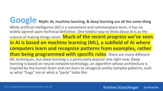 @schachin
Kristine Schachinger
Google Myth: AI, machine learning, & deep learning are all the same thing
While artificial intelligence (AI) is a convenient and commonplace term, it has no
widely agreed-upon technical definition. One helpful way to think about AI is as the
science of making things smart. Much of the recent progress we’ve seen
in AI is based on machine learning (ML), a subfield of AI where
computers learn and recognize patterns from examples, rather
than being programmed with specific rules. There are many different
ML techniques, but deep learning is a particularly popular one right now. Deep
learning is based on neural network technology, an algorithm whose architecture is
inspired by the human brain and can learn to recognize pretty complex patterns, such
as what “hugs” are or what a “party” looks like.
https://ai.google/static/documents/exploring-6-myths.pdf
 