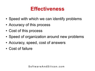Effectiveness
●   Speed with which we can identify problems
●   Accuracy of this process
●   Cost of this process
●   Speed of organization around new problems
●   Accuracy, speed, cost of answers
●   Cost of failure



                SoftwareAndSilicon.com
 