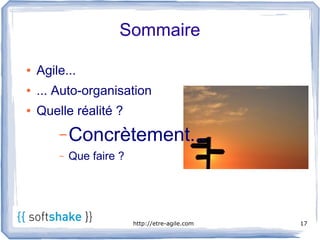 Sommaire

●   Agile...
●   ... Auto-organisation
●   Quelle réalité ?
        – Concrètement...
        –   Que faire ?




                          http://etre-agile.com   17
 