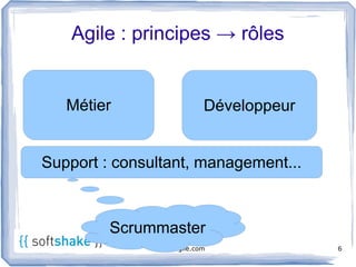 Agile : principes → rôles


   Métier                   Développeur


Support : consultant, management...



         Scrummaster
               etre-agile.com             6
 