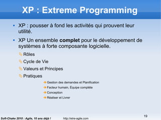 http://etre-agile.com
19
Soft-Chake 2010 : Agile, 10 ans déjà !
XP : Extreme Programming
 XP : pousser à fond les activités qui prouvent leur
utilité.
 XP Un ensemble complet pour le développement de
systèmes à forte composante logicielle.
Rôles
Cycle de Vie
Valeurs et Principes
Pratiques
Gestion des demandes et Planification
Facteur humain, Équipe complète
Conception
Réaliser et Livrer
 