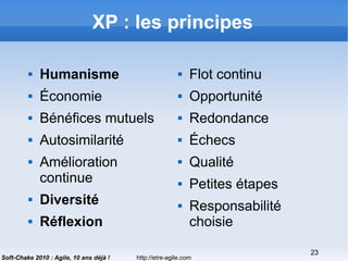 http://etre-agile.com
23
Soft-Chake 2010 : Agile, 10 ans déjà !
XP : les principes
 Humanisme
 Économie
 Bénéfices mutuels
 Autosimilarité
 Amélioration
continue
 Diversité
 Réflexion
 Flot continu
 Opportunité
 Redondance
 Échecs
 Qualité
 Petites étapes
 Responsabilité
choisie
 