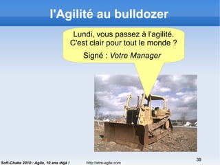 http://etre-agile.com
38
Soft-Chake 2010 : Agile, 10 ans déjà !
l'Agilité au bulldozer
Lundi, vous passez à l'agilité.
C'est clair pour tout le monde ?
Signé : Votre Manager
 