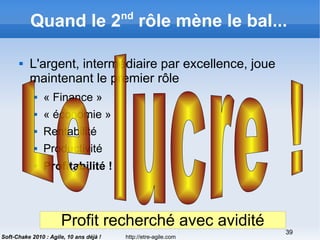 http://etre-agile.com
39
Soft-Chake 2010 : Agile, 10 ans déjà !
Quand le 2nd
rôle mène le bal...
 L'argent, intermédiaire par excellence, joue
maintenant le premier rôle
 « Finance »
 « économie »
 Rentabilité
 Productivité
 Profitabilité !
Profit recherché avec avidité
 