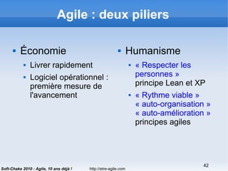 http://etre-agile.com
42
Soft-Chake 2010 : Agile, 10 ans déjà !
Agile : deux piliers
 Économie
 Livrer rapidement
 Logiciel opérationnel :
première mesure de
l'avancement
 Humanisme
 « Respecter les
personnes »
principe Lean et XP
 « Rythme viable »
« auto-organisation »
« auto-amélioration »
principes agiles
 
