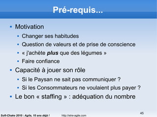 http://etre-agile.com
45
Soft-Chake 2010 : Agile, 10 ans déjà !
Pré-requis...
 Motivation
 Changer ses habitudes
 Question de valeurs et de prise de conscience
 « j'achète plus que des légumes »
 Faire confiance
 Capacité à jouer son rôle
 Si le Paysan ne sait pas communiquer ?
 Si les Consommateurs ne voulaient plus payer ?
 Le bon « staffing » : adéquation du nombre
 