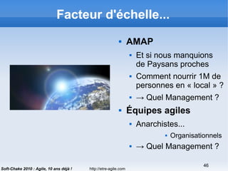 http://etre-agile.com
46
Soft-Chake 2010 : Agile, 10 ans déjà !
Facteur d'échelle...
 AMAP
 Et si nous manquions
de Paysans proches
 Comment nourrir 1M de
personnes en « local » ?
 → Quel Management ?
 Équipes agiles
 Anarchistes...
 Organisationnels
 → Quel Management ?
 