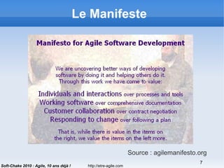 http://etre-agile.com
7
Soft-Chake 2010 : Agile, 10 ans déjà !
Le Manifeste
Source : agilemanifesto.org
 