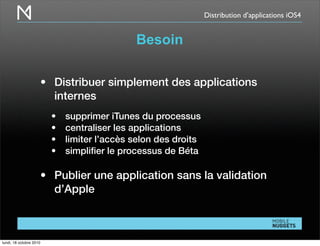 Distribution d’applications iOS4
Besoin
• Distribuer simplement des applications
internes
• supprimer iTunes du processus
• centraliser les applications
• limiter l’accès selon des droits
• simpliﬁer le processus de Béta
• Publier une application sans la validation
d’Apple
lundi, 18 octobre 2010
 