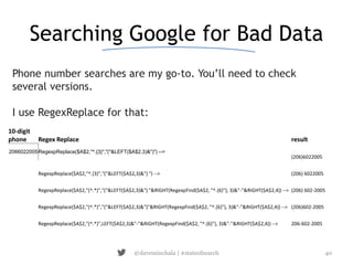 Searching Google for Bad Data 
Phone number searches are my go-to. You’ll need to check 
several versions. 
I use RegexRep...