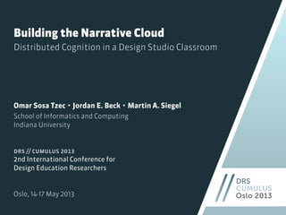Building the Narrative Cloud
Omar Sosa Tzec・Jordan E. Beck・Martin A. Siegel
School of Informatics and Computing
Indiana University
drs // cumulus 2013
2nd International Conference for
Design Education Researchers
Oslo, 14-17 May 2013
Distributed Cognition in a Design Studio Classroom
 
