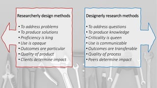 Designerly Research Methods and Researcherly Design Methods