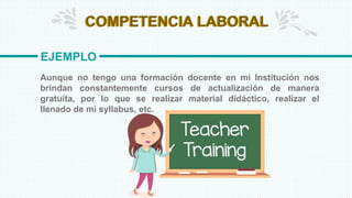 COMPETENCIA LABORAL
EJEMPLO
COMPETENCIA LABORAL
Aunque no tengo una formación docente en mi Institución nos
brindan constantemente cursos de actualización de manera
gratuita, por lo que se realizar material didáctico, realizar el
llenado de mi syllabus, etc.
 