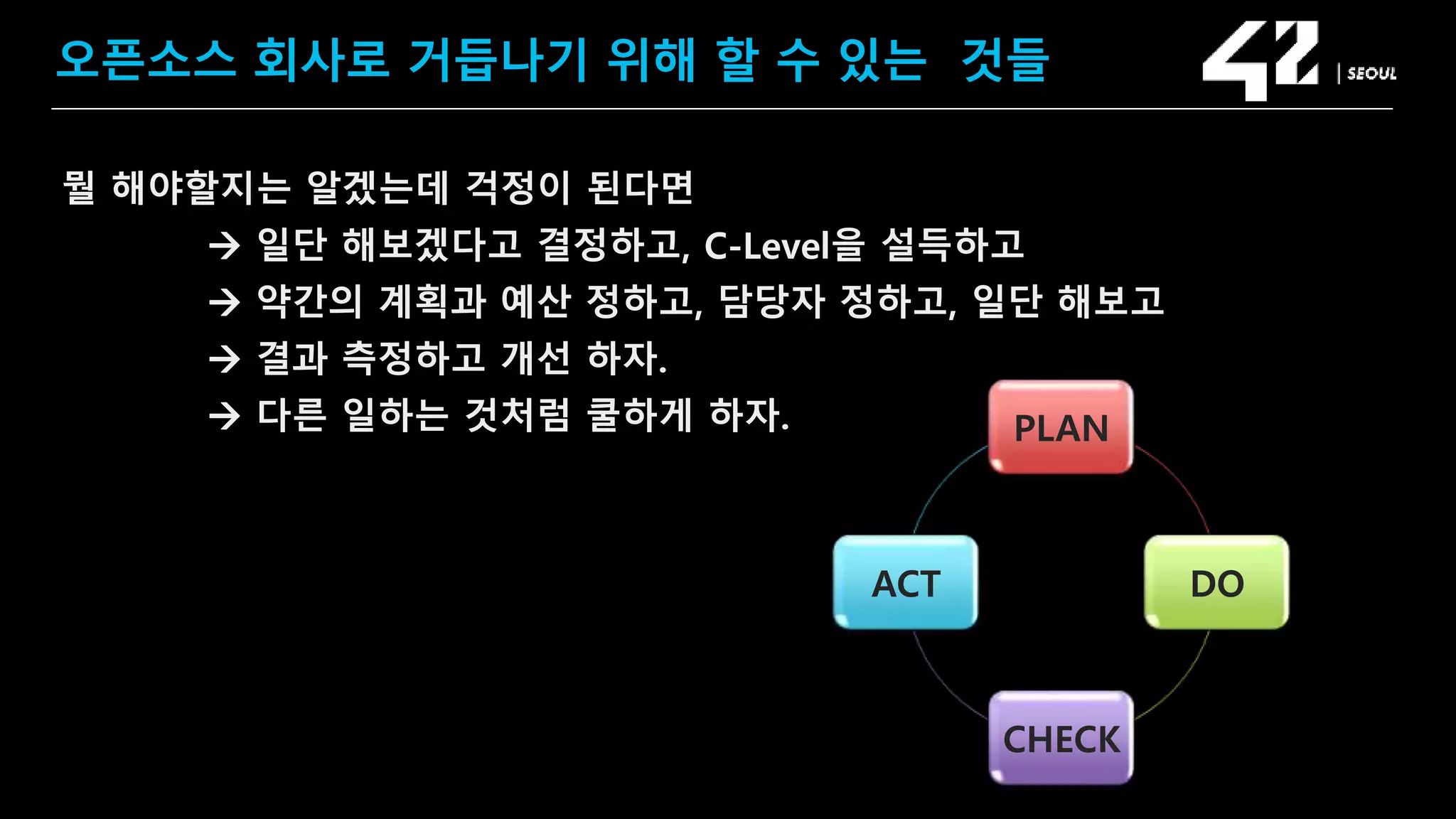 SAMSUNG OPEN SOURCE CONFERENCE 2019
SOSCON2019
오픈소스 회사로 거듭나기 위해 할 수 있는 것들
뭘 해야할지는 알겠는데 걱정이 된다면
 일단 해보겠다고 결정하고, C-Level을 설득하고
 약간의 계획과 예산 정하고, 담당자 정하고, 일단 해보고
 결과 측정하고 개선 하자.
 다른 일하는 것처럼 쿨하게 하자. PLAN
DO
CHECK
ACT
 