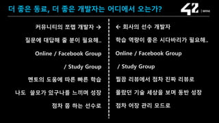 SAMSUNG OPEN SOURCE CONFERENCE 2019
SOSCON2019
더 좋은 동료, 더 좋은 개발자는 어디에서 오는가?
커뮤니티의 쪼렙 개발자 
질문에 대답해 줄 분이 필요해..
Online / Facebook Group
/ Study Group
멘토의 도움에 따른 빠른 학습
나도 쓸모가 있구나를 느끼며 성장
점차 쫌 하는 선수로
 회사의 선수 개발자
학습 역량이 좋은 시다바리가 필요해..
Online / Facebook Group
/ Study Group
찔끔 리뷰에서 점차 진짜 리뷰로
몰랐던 기술 세상을 보며 동반 성장
점차 어장 관리 모드로
 