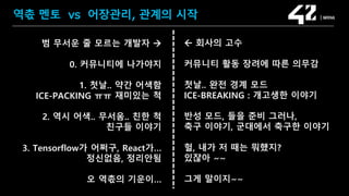 SAMSUNG OPEN SOURCE CONFERENCE 2019
SOSCON2019
역촋 멘토 vs 어장관리, 관계의 시작
범 무서운 줄 모르는 개발자 
0. 커뮤니티에 나가야지
1. 첫날.. 약간 어색함
ICE-PACKING ㅠㅠ 재미있는 척
2. 역시 어색.. 무서움.. 친한 척
친구들 이야기
3. Tensorflow가 어쩌구, React가…
정신없음, 정리안됨
오 역촋의 기운이…
 회사의 고수
커뮤니티 활동 장려에 따른 의무감
첫날.. 완전 경계 모드
ICE-BREAKING : 개고생한 이야기
반성 모드, 들을 준비 그러나,
축구 이야기, 군대에서 축구한 이야기
헐, 내가 저 때는 뭐했지?
있쟎아 ~~
그게 말이지~~
 