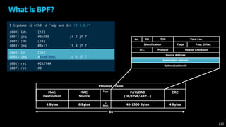 What is BPF?
Ver. IHL TOS Total Len.
Identification Flags Frag. Offset
TTL. Protocol Header Checksum
Source Address
Destination Address
Options(optional)
Ethernet Frame
MAC.
Destination
MAC.
Source
Type PAYLOAD
(IP/IPv6/ARP…)
CRC
6 Bytes 6 Bytes
2
Bytes 46-1500 Bytes 4 Bytes
64
$ tcpdump -i eth0 -d 'udp and dst 10.1.0.2’
(000) ldh [12]
(001) jeq #0x800 jt 2 jf 7
(002) ldb [23]
(003) jeq #0x11 jt 4 jf 7
(004) ld [30]
(005) jeq #0xa010002 jt 6 jf 7
(006) ret #262144
(007) ret #0
113
 