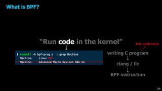 “Run code in the kernel”
$ readelf -h bpf-prog.o | grep Machine
Machine: Linux BPF
Machine: Advanced Micro Devices X86-64
but, restricted
writing C program
clang / llc
BPF instruction
What is BPF?
118
 