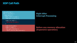 XDP Call Path
Right After
Interrupt Processing
Before any memory allocation
(Expensive operation)
__do_softirq() {
net_rx_action() {
ixgbe_poll() {
ixgbe_clean_rx_irq() {
ixgbe_get_rx_buffer();
ixgbe_run_xdp() {
bpf_prog_run_xdp();
}
ixgbe_build_skb();
ixgbe_rx_skb() {
napi_gro_receive() {
netif_receive_skb_internal();
125
 