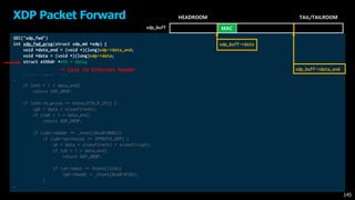 SEC("xdp_fwd")
int xdp_fwd_prog(struct xdp_md *xdp) {
void *data_end = (void *)(long)xdp->data_end;
void *data = (void *)(long)xdp->data;
struct ethhdr *eth = data;
struct iphdr *iph;
struct udphdr *uh;
…
if (eth + 1 > data_end)
return XDP_DROP;
if (eth->h_proto == htons(ETH_P_IP)) {
iph = data + sizeof(*eth);
if (iph + 1 > data_end)
return XDP_DROP;
if (iph->daddr == _htonl(0xa010002))
if (iph->protocol == IPPROTO_UDP) {
uh = data + sizeof(*eth) + sizeof(*iph);
if (uh + 1 > data_end)
return XDP_DROP;
if (uh->dest == htons(1234))
iph->daddr = _htonl(0xa010102);
}
…
XDP Packet Forward
145
MAC
HEADROOM TAIL/TAILROOM
xdp_buff
-> Cast to Ethernet header
xdp_buff->data
xdp_buff->data_end
 
