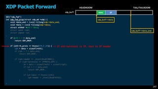 SEC("xdp_fwd")
int xdp_fwd_prog(struct xdp_md *xdp) {
void *data_end = (void *)(long)xdp->data_end;
void *data = (void *)(long)xdp->data;
struct ethhdr *eth = data;
struct iphdr *iph;
struct udphdr *uh;
…
if (eth + 1 > data_end)
return XDP_DROP;
if (eth->h_proto == htons(ETH_P_IP)) {
iph = data + sizeof(*eth);
if (iph + 1 > data_end)
return XDP_DROP;
if (iph->daddr == _htonl(0xa010002))
if (iph->protocol == IPPROTO_UDP) {
uh = data + sizeof(*eth) + sizeof(*iph);
if (uh + 1 > data_end)
return XDP_DROP;
if (uh->dest == htons(1234))
iph->daddr = _htonl(0xa010102);
}
…
XDP Packet Forward
147
MAC IP
HEADROOM TAIL/TAILROOM
xdp_buff
-> If eth->protocol is IP, Cast to IP header
xdp_buff->data
xdp_buff->data_end
 