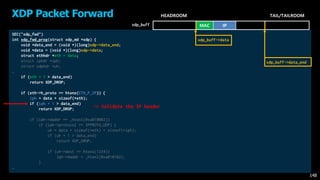 SEC("xdp_fwd")
int xdp_fwd_prog(struct xdp_md *xdp) {
void *data_end = (void *)(long)xdp->data_end;
void *data = (void *)(long)xdp->data;
struct ethhdr *eth = data;
struct iphdr *iph;
struct udphdr *uh;
…
if (eth + 1 > data_end)
return XDP_DROP;
if (eth->h_proto == htons(ETH_P_IP)) {
iph = data + sizeof(*eth);
if (iph + 1 > data_end)
return XDP_DROP;
if (iph->daddr == _htonl(0xa010002))
if (iph->protocol == IPPROTO_UDP) {
uh = data + sizeof(*eth) + sizeof(*iph);
if (uh + 1 > data_end)
return XDP_DROP;
if (uh->dest == htons(1234))
iph->daddr = _htonl(0xa010102);
}
…
XDP Packet Forward
148
MAC IP
HEADROOM TAIL/TAILROOM
xdp_buff
-> Validate the IP header
xdp_buff->data
xdp_buff->data_end
 