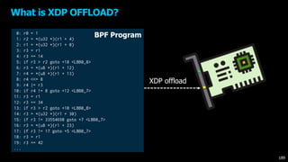 What is XDP OFFLOAD?
0: r0 = 1
1: r2 = *(u32 *)(r1 + 4)
2: r1 = *(u32 *)(r1 + 0)
3: r3 = r1
4: r3 += 14
5: if r3 > r2 goto +18 <LBB0_8>
6: r3 = *(u8 *)(r1 + 12)
7: r4 = *(u8 *)(r1 + 13)
8: r4 <<= 8
9: r4 |= r3
10: if r4 != 8 goto +12 <LBB0_7>
11: r3 = r1
12: r3 += 34
13: if r3 > r2 goto +10 <LBB0_8>
14: r3 = *(u32 *)(r1 + 30)
15: if r3 != 33554698 goto +7 <LBB0_7>
16: r3 = *(u8 *)(r1 + 23)
17: if r3 != 17 goto +5 <LBB0_7>
18: r3 = r1
19: r3 += 42
...
XDP offload
BPF Program
189
 
