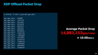 XDP Offload Packet Drop
$ ethtool -S eth0 | grep bpf_app1_pkts
bpf_app1_pkts: 9340887
bpf_app1_pkts: 14274730
bpf_app1_pkts: 29233693
bpf_app1_pkts: 44165498
bpf_app1_pkts: 59097632
bpf_app1_pkts: 74057835
bpf_app1_pkts: 88990848
bpf_app1_pkts: 103947963
bpf_app1_pkts: 118881530
bpf_app1_pkts: 133838008
bpf_app1_pkts: 148770851
bpf_app1_pkts: 163705144
bpf_app1_pkts: 178664224
bpf_app1_pkts: 193596262
bpf_app1_pkts: 208554907
bpf_app1_pkts: 223488168
Average Packet Drop
14,883,153pps/core
≈ 10.00Gbit/s
193
 