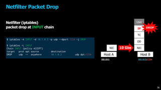 $ iptables -A INPUT -d 10.1.0.2 -p udp --dport 1234 -j DROP
$ iptables -L INPUT
Chain INPUT (policy ACCEPT)
target prot opt source destination
DROP udp -- anywhere 10.1.0.2 udp dpt:1234
Netfilter Packet Drop
NIC
Host A
User
IP
TC
DD
NIC
Host B
DROP
10 Gbe
Netfilter (iptables)
packet drop at INPUT chain
10.1.0.1 10.1.0.2:1234
78
 