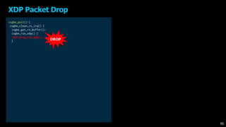 XDP Packet Drop
ixgbe_poll() {
ixgbe_clean_rx_irq() {
ixgbe_get_rx_buffer();
ixgbe_run_xdp() {
bpf_prog_run_xdp();
} DROP
95
 