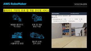 SOSCON 2019
로봇 앱 개발
환경 지원
다양한
시뮬레이션 환경
ROS용 클라우드
익스텐션
물리적 로봇
장치 관리
AWS RoboMaker
클라우드 기반의 로봇 앱 개발 관리형 서비스
 