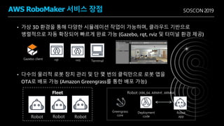 SOSCON 2019AWS RoboMaker 서비스 장점
• 다수의 물리적 로봇 장치 관리 및 단 몇 번의 클릭만으로 로봇 앱을
OTA로 배포 가능 (Amazon Greengrass를 통한 배포 가능)
Robot (X86_64, ARMHF, ARM64)
Greengrass
core
Deployment
code
Robot
app
Fleet
Robot Robot Robot
• 가상 3D 환경을 통해 다양한 시뮬레이션 작업이 가능하며, 클라우드 기반으로
병렬적으로 자동 확장되어 빠르게 완료 가능 (Gazebo, rqt, rviz 및 터미널 환경 제공)
Gazebo client rqt rviz Terminal
 
