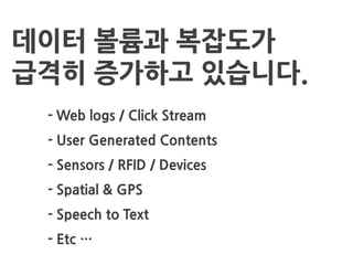 데이터 볼륨과 복잡도가
급격히 증가하고 있습니다.
- Web logs / Click Stream
- User Generated Contents
- Sensors / RFID / Devices
- Spatial & GPS
- Speech to Text
- Etc …
 