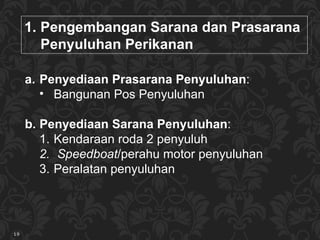 Pe ngembangan  Sarana dan Prasarana Penyuluhan Perikanan Penyediaan Prasarana  P enyuluhan :  Bangunan Pos Penyuluhan Penyediaan Sarana  P enyuluhan :  Kendaraan roda 2  penyuluh Speedboat /perahu motor penyuluhan Peralatan penyuluhan 