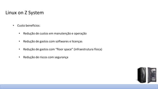 Linux on Z System
• Custo benefícios:
• Redução de custos em manutenção e operação
• Redução de gastos com softwares e licenças
• Redução de gastos com “floor space” (infraestrutura física)
• Redução de riscos com segurança
 