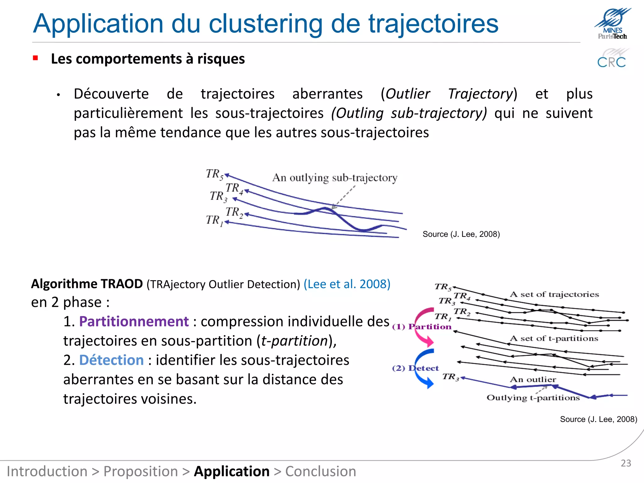 Clustering trajectories application
    Risk behavior

       •   Discovery of aberrant trajectories (Trajectory Outlier) and especially the sub-
           trajectories (Outlying sub-trajectory) that do not follow the same trend as the
           other sub-trajectory.




                                                                     Source (J. Lee, 2008)




  TRAOD Algorithm (TRAjectory Outlier Detection) (Lee et al. 2008)
  in 2 steps:
        1. Partition: Each trajectory is partitioned into an
        set of t-partitions,
        2. Detect: Outlying t-partitions are identified
        based on the distance of neighboring trajectories.
                                                                                             Source (J. Lee, 2008)




                                                                                                             23
Introduction > Proposition > Application > Conclusion
 