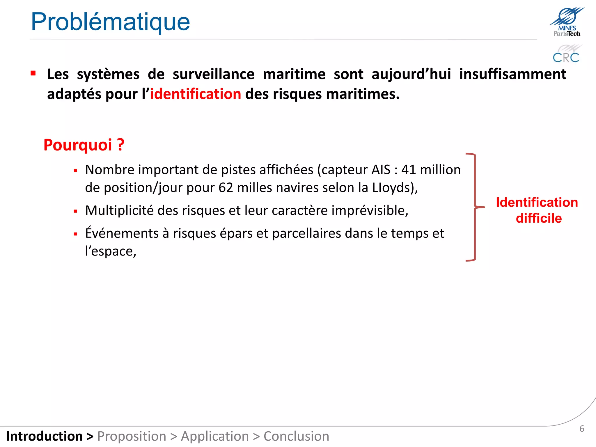 Problematic
    In our days, the identification of risks with maritime tracking systems are
     difficult and complicated.


      Why ?
             The wide area to be monitored,
             The amount of ships at sea (41 million ship positions/day for
                                                                                 Difficult
              62,000 ships according to LIoyds),
                                                                                   risk
             The multiplicity of scenarios,                                  identification
             The risk events that are scattered and fragmented in time and
              space,




                                                                                               6
Introduction > Proposition > Application > Conclusion
 