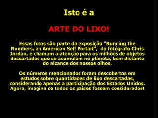 Isto é a   ARTE DO LIXO! Essas fotos são parte da exposição "Running the Numbers, an American Self Portait",  do fotógrafo Chris Jordan, e chamam a atenção para os milhões de objetos descartados que se acumulam no planeta, bem distante do alcance dos nossos olhos. Os números mencionados foram descobertos em estudos sobre quantidades de lixo descartadas, considerando apenas a participação dos Estados Unidos. Agora, imagine se todos os países fossem considerados! 