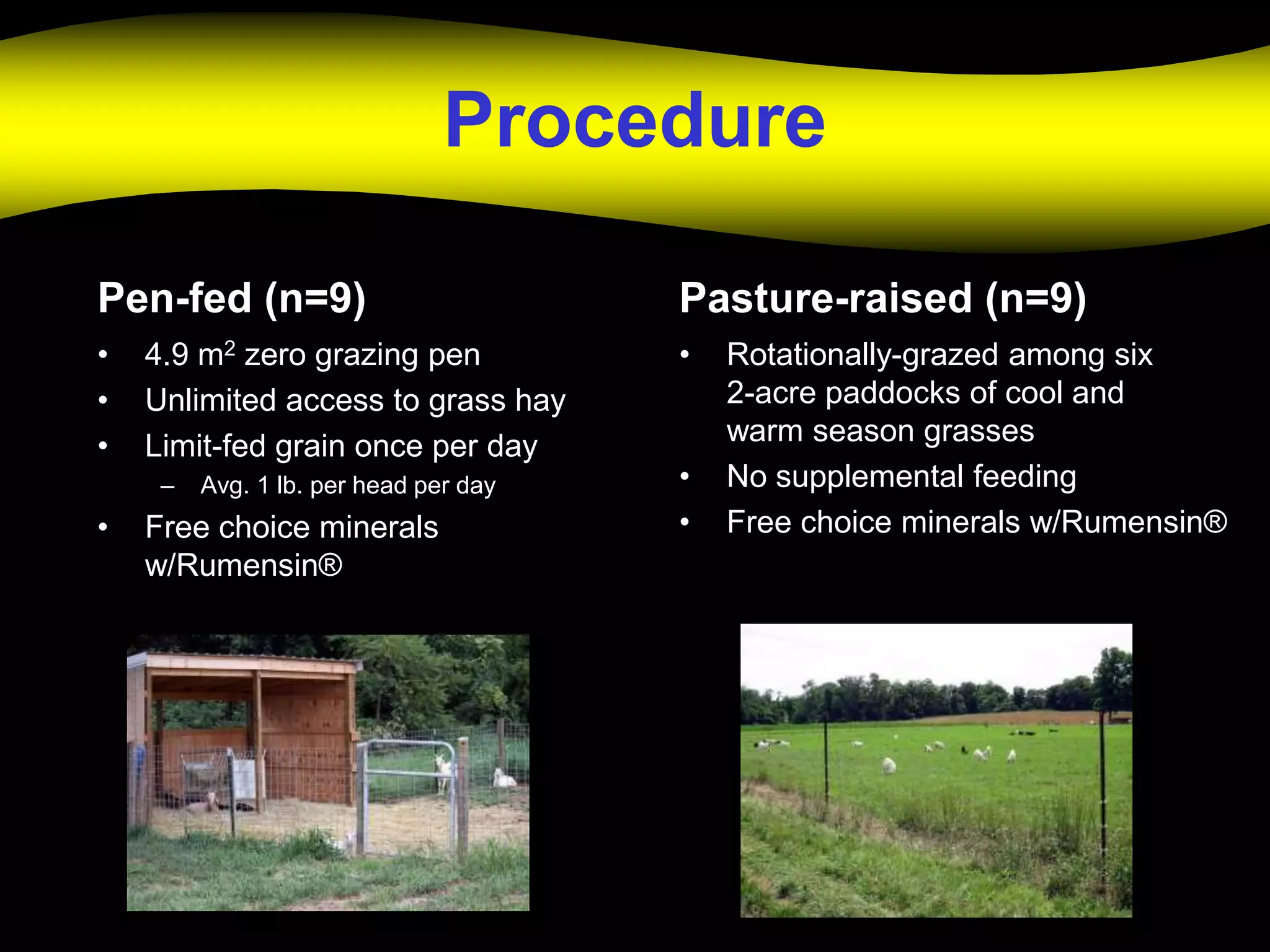 Procedure

Pen-fed (n=9)                          Pasture-raised (n=9)
•   4.9 m2 zero grazing pen            •   Rotationally-grazed among six
•   Unlimited access to grass hay          2-acre paddocks of cool and
•   Limit-fed grain once per day           warm season grasses
     –   Avg. 1 lb. per head per day   •   No supplemental feeding
•   Free choice minerals               •   Free choice minerals w/Rumensin®
    w/Rumensin®
 