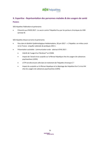 33
X. Expertise - Représentation des personnes malades & des usagers de santé
Posters
SOS hépatites Fédération et partenaires
• Présenté aux JFHOD 2017 : Le vaccin contre l’hépatite B vu par les porteurs chroniques du VHB
(annexe 9)
SOS hépatites Alsace Lorraine et partenaires
• Paru dans le Bulletin Epidémiologique Hebdomadaire, 20 juin 2017 : « L’hépatite c en milieu carcé-
ral en France : enquête nationale de pratiques 2015 »
• Présentation souhaitée : communication orale - abstract ATHS 2017 :
• Intérêt de l'usage d'un FibroScan® en CSSRA
• Impact de l’alcool et du surpoids sur la fibrose hépatique chez les usagers de substances
psychoactives (USPA)
• L’ETP est-elle encore utile dans le traitement de l’hépatite chronique C ?
• Impact du surpoids sur la fibrose hépatique et le dépistage des hépatites B et C et du VIH
chez les usagers de substances psychoactives (USPA)
 