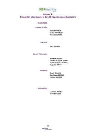 42
DELEGUE(E)S
Pays de La Loire
Bretagne
Centre-Val de Loire
Occitanie
Rhône Alpes
Gilles ATHIMON
Gisèle BERTHELOT
Annie SIONNIERE
Dany GUILLOU
Arlette BOUVARD
Danièle DESCLERC-DULAC
Marie-Françoise NEVEUX
Huguette RIFFET
Carole DAMIEN
Dominique GERARD
Evelyne DUCROS
Laurence BENITEZ
Khaled FELLOUE
Annexe 4 :
Délégation et délégué(e)s de SOS Hépatites dans les régions
 