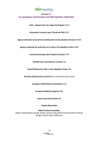 43
Auto - Support pour les usages de drogues ASUD
Association Française pour l’étude du FOIE AFEF
Agence nationale de sécurité du médicament et des produits de Santé ANSM
Agence nationale de recherche sur le sida et les hépatites virales ANRS
Comité Economique des Produits de Santé CEPS
Collectif Inter-associatif sur la santé CISS
Conseil National du Sida et des hépatites virales CNS
Direction Générale de la Santé DGS et le Ministère de la Santé
European LIVER Patients Association ELPA
European Medicines Agency EMA
Haute Autorité de Santé HAS
Hôpital Marmottan
Industrie pharmaceutique :
AbbVie, Bristol-Myers Squibb, Gilead, Janssen Cilag, Merck Sharp & Dohme-Chibret,
Norgine Roche, Bayer healthcare
Annexe 5 :
Les principaux interlocuteurs de SOS hépatites Fédération
 