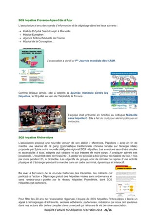Rapport d’activité SOS hépatites Fédération 2018 - 29/56
SOS hépatites Provence-Alpes-Côte d’Azur
L’association a tenu des stands d’information et de dépistage dans les lieux suivants :
→ Hall de l’hôpital Saint-Joseph à Marseille
→ Hôpital Européen
→ Agence Solimut Mutuelle de France
→ Hôpital de la Conception…
L’association a porté la 1ère
Journée mondiale des NASH.
Comme chaque année, elle a célébré la Journée mondiale contre les
Hépatites, le 28 juillet au sein de l’hôpital de la Timone.
L’équipe était présente en octobre au colloque Marseille
sans hépatite C. Elle a fait du bruit pour alerter politiques et
médecins.
SOS hépatites Rhône-Alpes
L’association propose une nouvelle version de son atelier « Marchons, Papotons » avec en fin de
marche une séance de Qi gong (gymnastique traditionnelle chinoise fondée sur l'énergie vitale)
proposée par Sylvie notre nouvelle déléguée régional SOS Hépatites. Les exercices seront très simples
et accessibles à tous, adaptés aux saisons et aux besoins de notre corps. A pratiquer suivant ses
possibilités. L'essentiel étant de Ressentir... L’atelier est proposé à tout porteur de maladie du foie, 1 fois
par mois pendant 2h, à Grenoble. Les objectifs du groupe sont de stimuler la reprise d’une activité
physique et d’échanger pendant la marche dans un cadre convivial, dynamique et interactif.
En mai, à l’occasion de la Journée Nationale des Hépatites, les militants ont
participé à l’action « Dépistage gratuit des hépatites virales sans ordonnance et
sans rendez-vous » portée par le réseau hépatites Prométhée, dont SOS
Hépatites est partenaire.
Pour fêter les 20 ans de l’association régionale, l’équipe de SOS hépatites Rhône-Alpes a lancé un
appel à témoignages d’adhérents, anciens adhérents, partenaires, médecins qui nous ont soutenus
dans nos actions afin de les compiler dans un recueil qui retracera la vie de notre association.
 