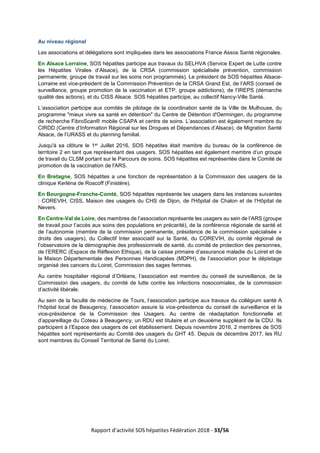 Rapport d’activité SOS hépatites Fédération 2018 - 33/56
Au niveau régional
Les associations et délégations sont impliquées dans les associations France Assos Santé régionales.
En Alsace Lorraine, SOS hépatites participe aux travaux du SELHVA (Service Expert de Lutte contre
les Hépatites Virales d’Alsace), de la CRSA (commission spécialisée prévention, commission
permanente, groupe de travail sur les soins non programmés). Le président de SOS hépatites Alsace-
Lorraine est vice-président de la Commission Prévention de la CRSA Grand Est, de l’ARS (conseil de
surveillance, groupe promotion de la vaccination et ETP, groupe addictions), de l’IREPS (démarche
qualité des actions), et du CISS Alsace. SOS hépatites participe, au collectif Nancy-Ville Santé.
L’association participe aux comités de pilotage de la coordination santé de la Ville de Mulhouse, du
programme "mieux vivre sa santé en détention" du Centre de Détention d'Oermingen, du programme
de recherche FibroScan® mobile CSAPA et centre de soins. L’association est également membre du
CIRDD (Centre d’Information Régional sur les Drogues et Dépendances d’Alsace), de Migration Santé
Alsace, de l’URASS et du planning familial.
Jusqu'à sa clôture le 1er Juillet 2016, SOS hépatites était membre du bureau de la conférence de
territoire 2 en tant que représentant des usagers. SOS hépatites est également membre d’un groupe
de travail du CLSM portant sur le Parcours de soins. SOS hépatites est représentée dans le Comité de
promotion de la vaccination de l'ARS.
En Bretagne, SOS hépatites a une fonction de représentation à la Commission des usagers de la
clinique Kerléna de Roscoff (Finistère).
En Bourgogne-Franche-Comté, SOS hépatites représente les usagers dans les instances suivantes
: COREVIH, CISS, Maison des usagers du CHS de Dijon, de l'Hôpital de Chalon et de l’Hôpital de
Nevers.
En Centre-Val de Loire, des membres de l’association représente les usagers au sein de l’ARS (groupe
de travail pour l’accès aux soins des populations en précarité), de la conférence régionale de santé et
de l’autonomie (membre de la commission permanente, présidence de la commission spécialisée «
droits des usagers), du Collectif Inter associatif sur la Santé, du COREVIH, du comité régional de
l’observatoire de la démographie des professionnels de santé, du comité de protection des personnes,
de l’ERERC (Espace de Réflexion Ethique), de la caisse primaire d’assurance maladie du Loiret et de
la Maison Départementale des Personnes Handicapées (MDPH), de l’association pour le dépistage
organisé des cancers du Loiret, Commission des sages femmes.
Au centre hospitalier régional d’Orléans, l’association est membre du conseil de surveillance, de la
Commission des usagers, du comité de lutte contre les infections nosocomiales, de la commission
d’activité libérale.
Au sein de la faculté de médecine de Tours, l’association participe aux travaux du collégium santé A
l’hôpital local de Beaugency, l’association assure la vice-présidence du conseil de surveillance et la
vice-présidence de la Commission des Usagers. Au centre de réadaptation fonctionnelle et
d’appareillage du Coteau à Beaugency, un RDU est titulaire et un deuxième suppléant de la CDU. Ils
participent à l’Espace des usagers de cet établissement. Depuis novembre 2016, 2 membres de SOS
hépatites sont représentants au Comité des usagers du GHT 45. Depuis de décembre 2017, les RU
sont membres du Conseil Territorial de Santé du Loiret.
 