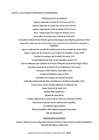 Rapport d’activité SOS hépatites Fédération 2018 - 55/56
Annexe 7. Les principaux interlocuteurs de SOS Hépatites
 