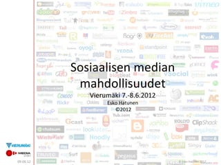 Sosiaalisen median
            mahdollisuudet
              Vierumäki 7.-8.6.2012
                   Esko Hatunen
                      ©2012




09.06.12                              © Esko Hatunen 2012
 