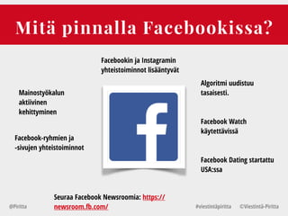 Mitä pinnalla Facebookissa?
@Piritta #viestintäpiritta ©վپԳä-ʾٳٲ
Facebookin ja Instagramin
yhteistoiminnot lisääntyvät
Mainostyökalun
aktiivinen
kehittyminen
Algoritmi uudistuu
tasaisesti.
Facebook-ryhmien ja
-sivujen yhteistoiminnot
Facebook Dating startattu
USA:ssa
Seuraa Facebook Newsroomia: https://
newsroom.fb.com/
Facebook Watch
käytettävissä
 